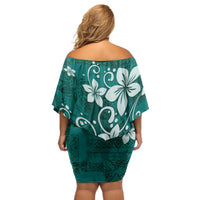 Plumeria Floral Tapa Pattern Crystal Teal Off Shoulder Short Dress LT01 - Polynesian Pride