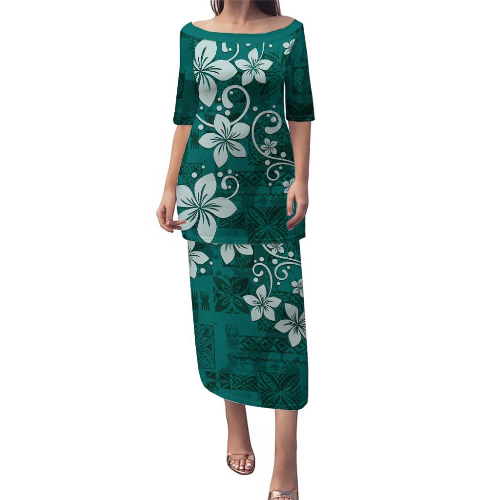 Plumeria Floral Tapa Pattern Crystal Teal Puletasi LT01 Long Dress Teal - Polynesian Pride
