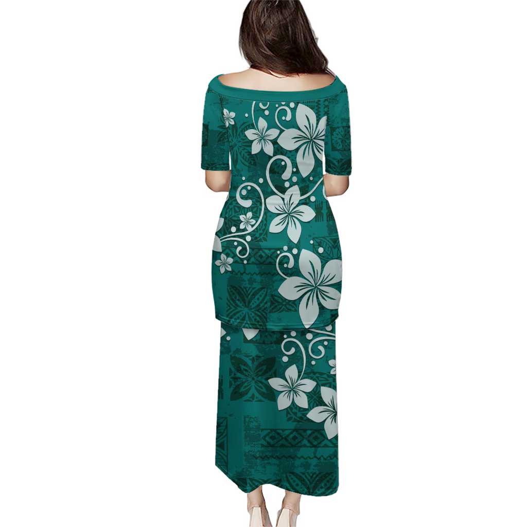 Plumeria Floral Tapa Pattern Crystal Teal Puletasi LT01 - Polynesian Pride