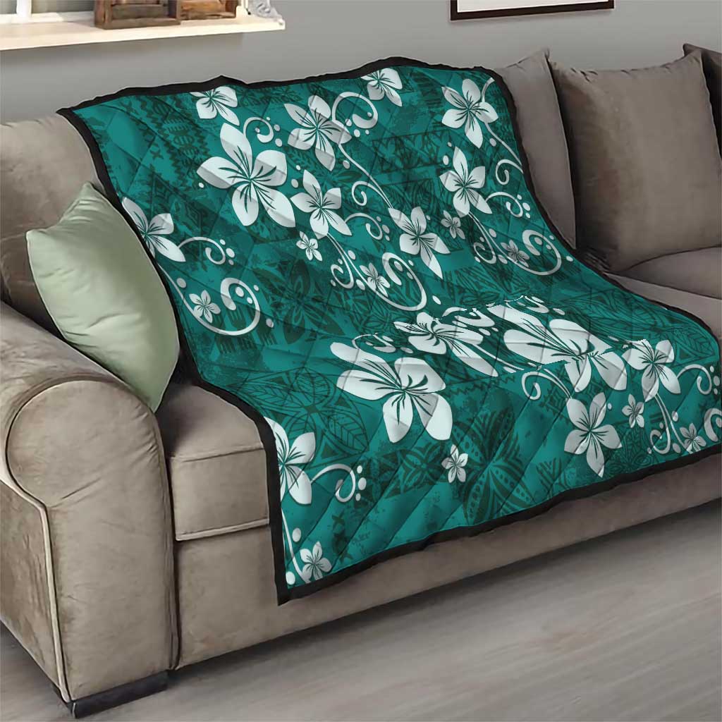 Plumeria Floral Tapa Pattern Crystal Teal Quilt