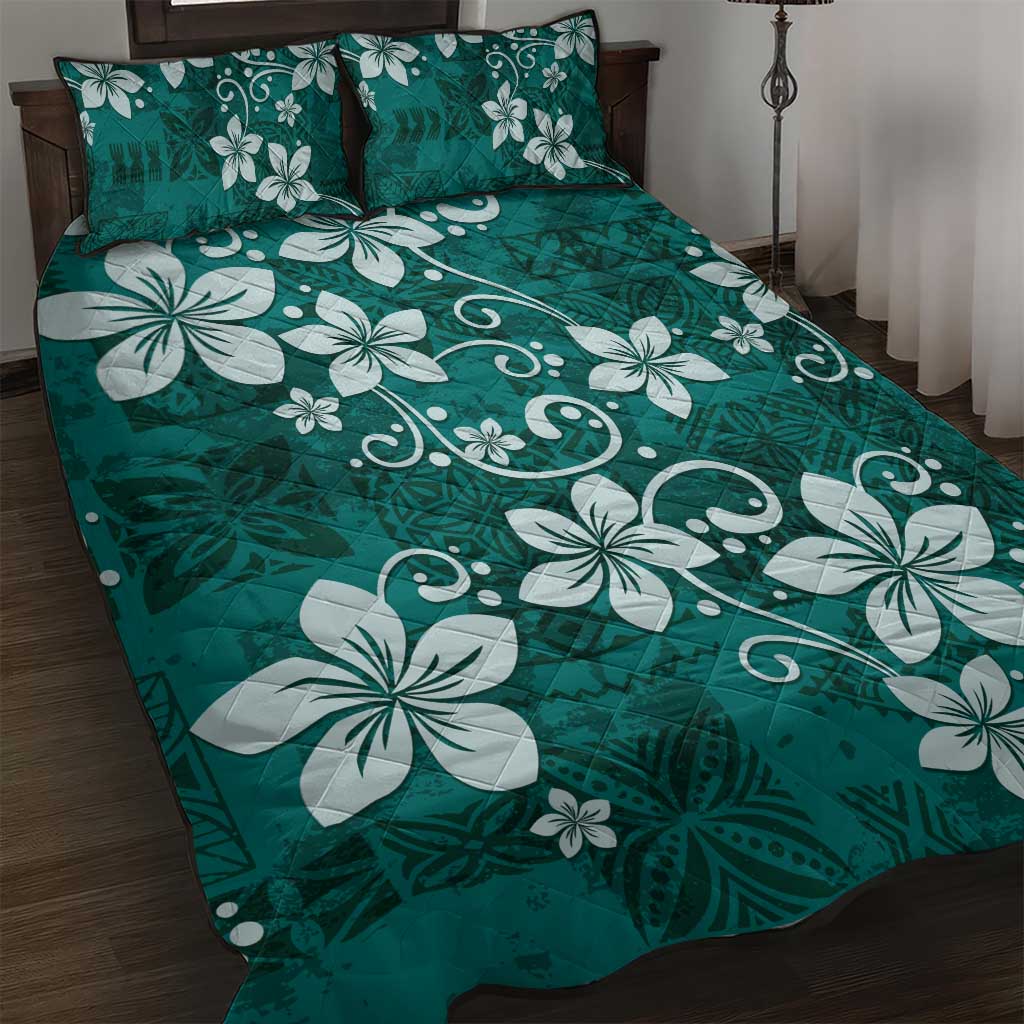 Plumeria Floral Tapa Pattern Crystal Teal Quilt Bed Set