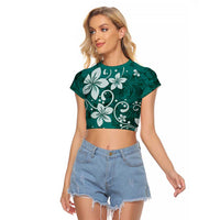 Plumeria Floral Tapa Pattern Crystal Teal Raglan Cropped T Shirt LT01 Female Teal - Polynesian Pride