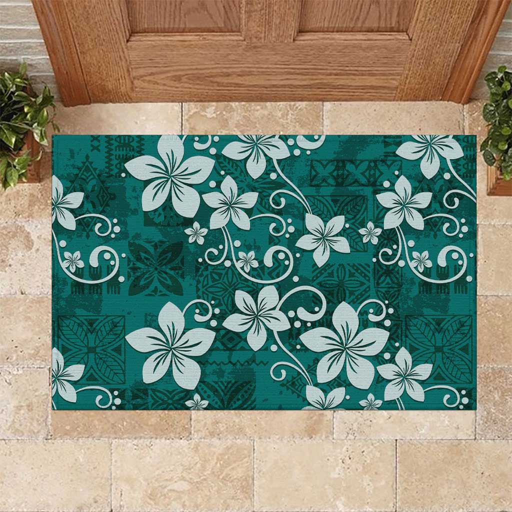 Plumeria Floral Tapa Pattern Crystal Teal Rubber Doormat LT01 Teal - Polynesian Pride