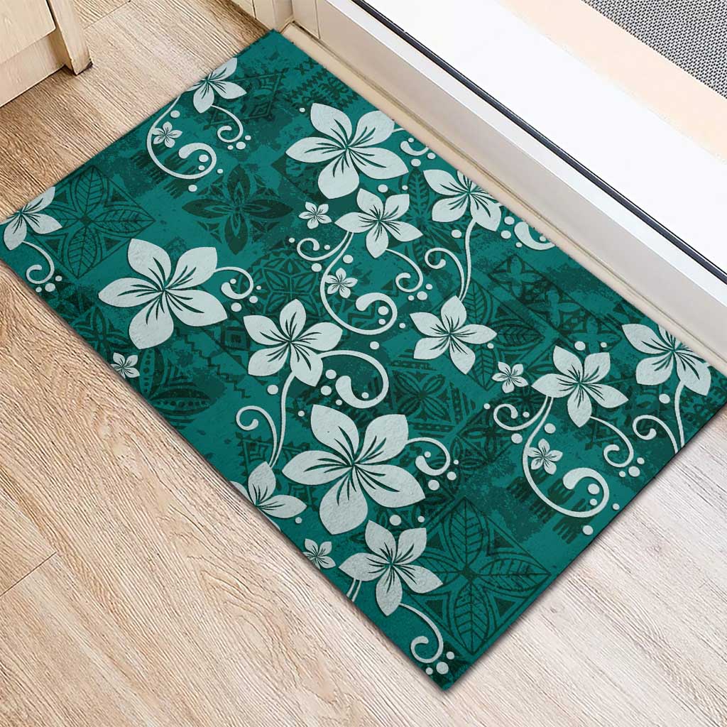 Plumeria Floral Tapa Pattern Crystal Teal Rubber Doormat LT01 - Polynesian Pride