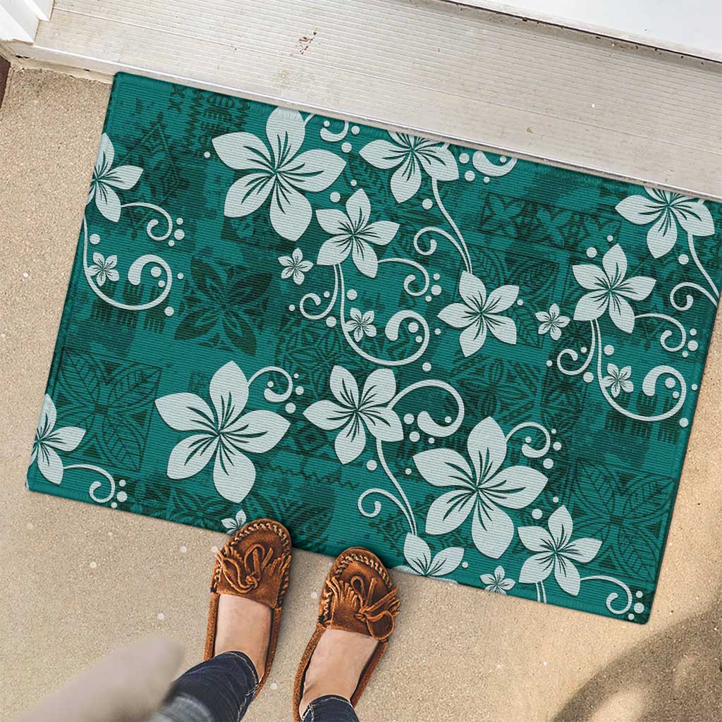 Plumeria Floral Tapa Pattern Crystal Teal Rubber Doormat LT01 - Polynesian Pride