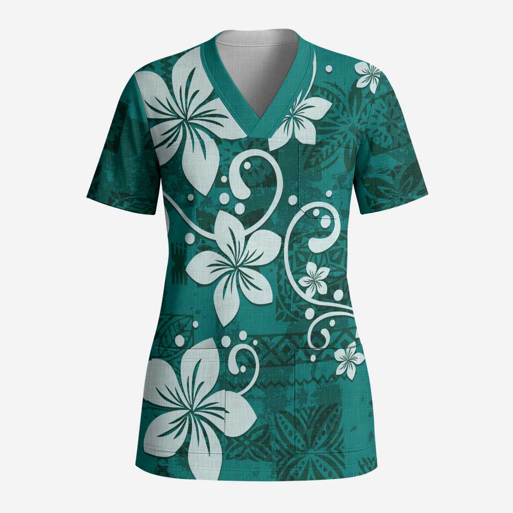 Plumeria Floral Tapa Pattern Crystal Teal Scrub Top LT01 Adult Teal - Polynesian Pride