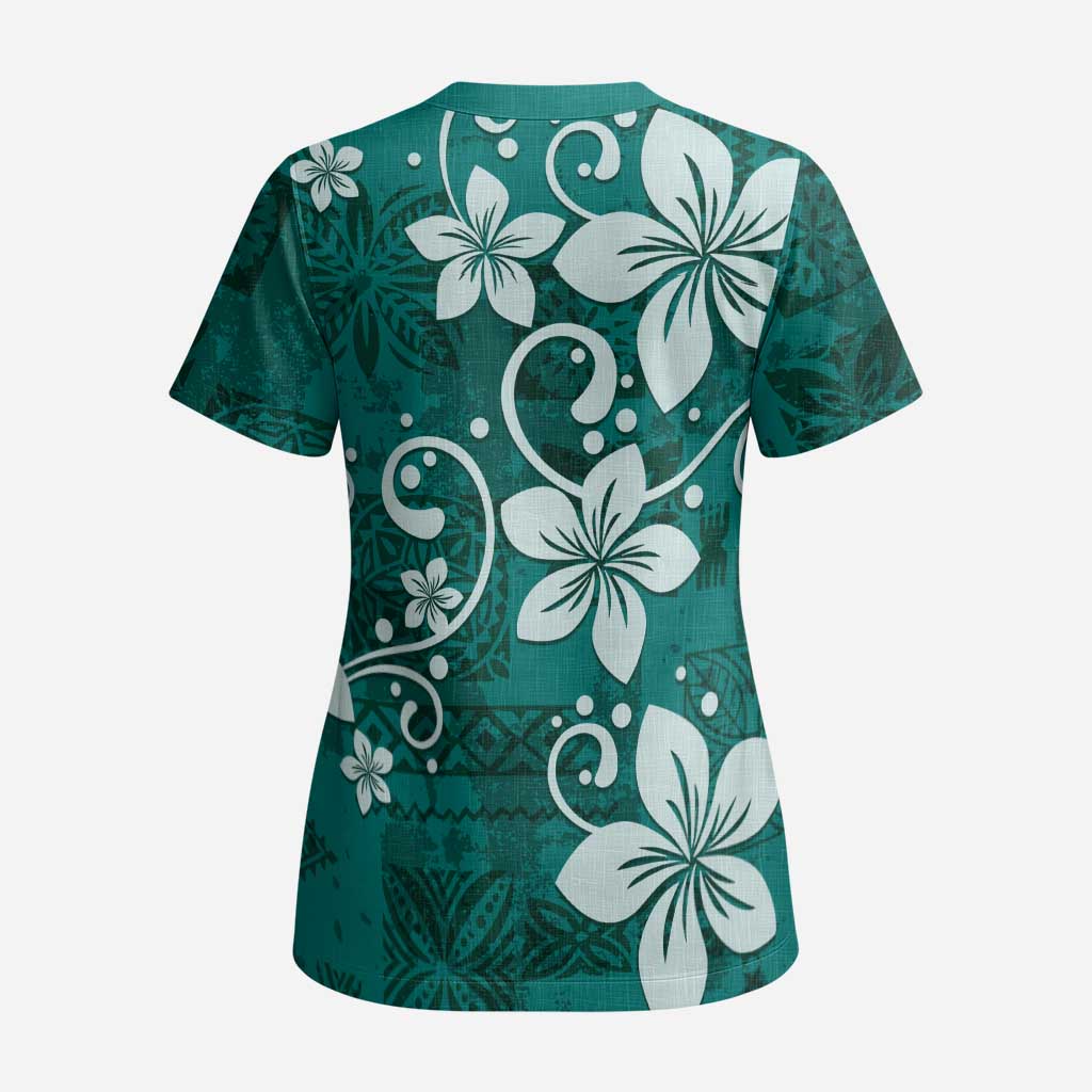 Plumeria Floral Tapa Pattern Crystal Teal Scrub Top LT01 - Polynesian Pride