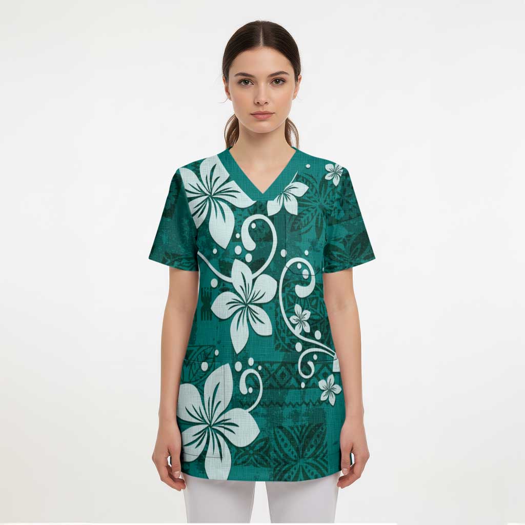 Plumeria Floral Tapa Pattern Crystal Teal Scrub Top LT01 - Polynesian Pride