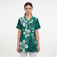 Plumeria Floral Tapa Pattern Crystal Teal Scrub Top LT01 - Polynesian Pride