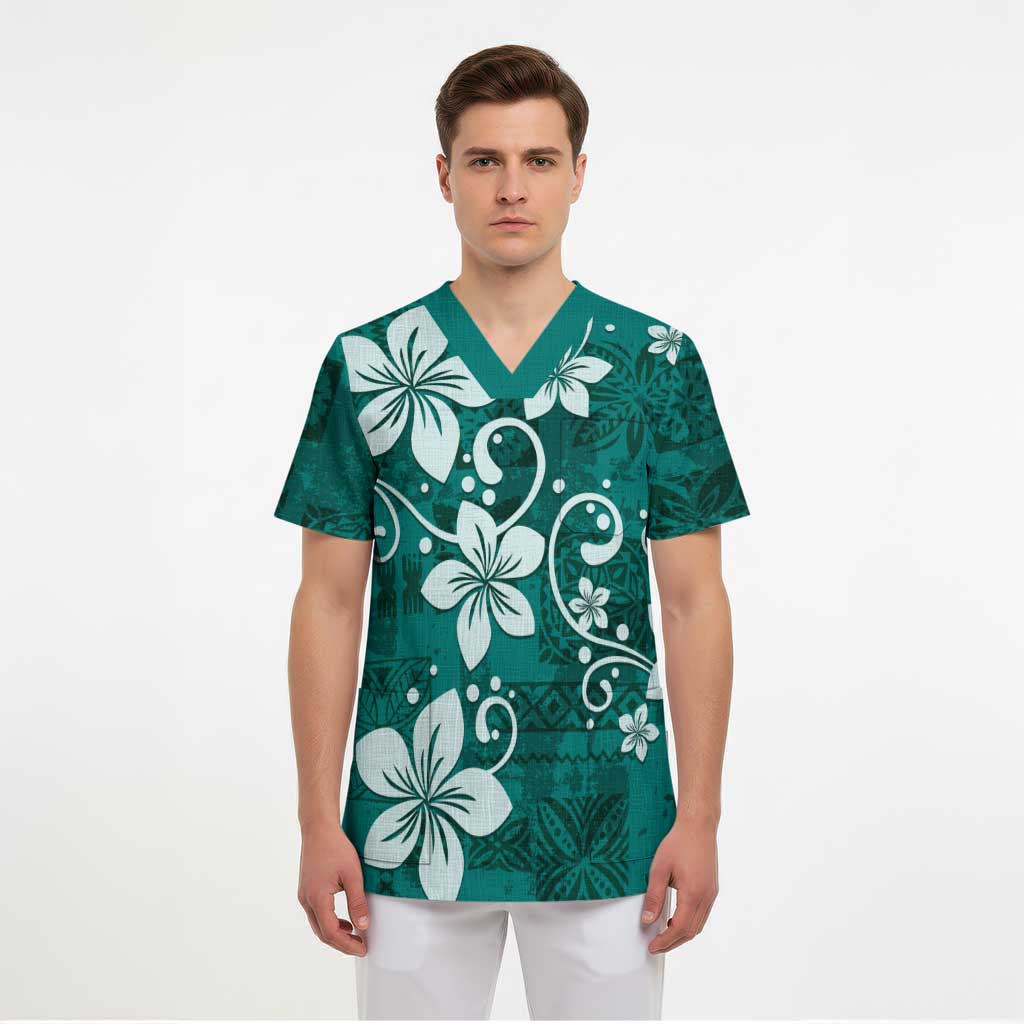 Plumeria Floral Tapa Pattern Crystal Teal Scrub Top LT01 - Polynesian Pride