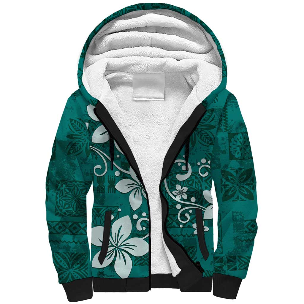 Plumeria Floral Tapa Pattern Crystal Teal Sherpa Hoodie LT01 Unisex Teal - Polynesian Pride