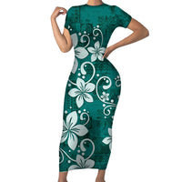 Plumeria Floral Tapa Pattern Crystal Teal Short Sleeve Bodycon Dress