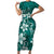 Plumeria Floral Tapa Pattern Crystal Teal Short Sleeve Bodycon Dress