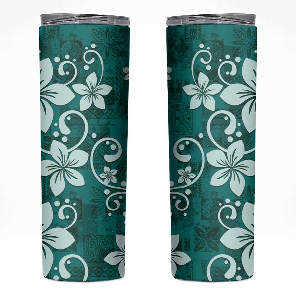 Plumeria Floral Tapa Pattern Crystal Teal Skinny Tumbler