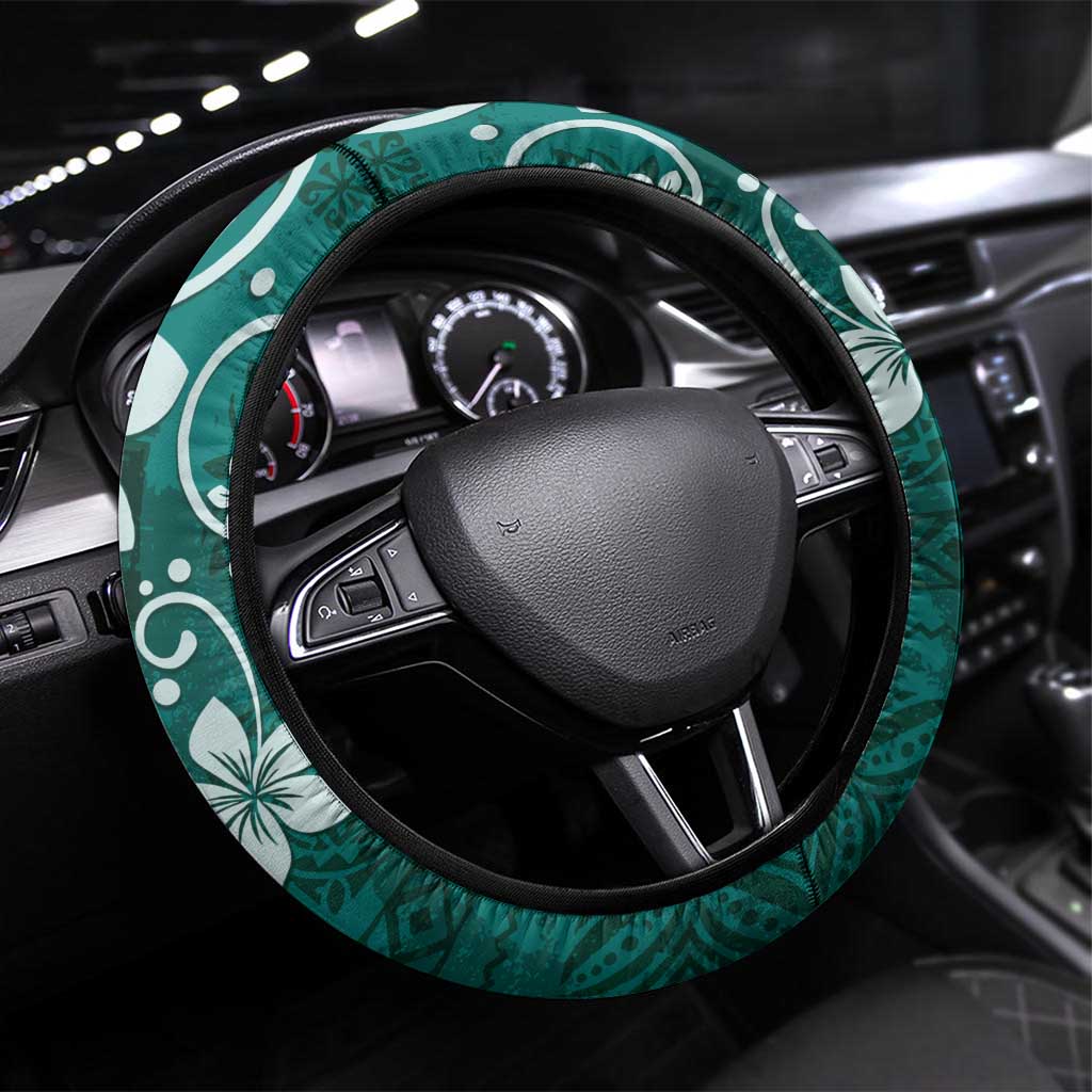 Plumeria Floral Tapa Pattern Crystal Teal Steering Wheel Cover LT01 Universal Fit Teal - Polynesian Pride
