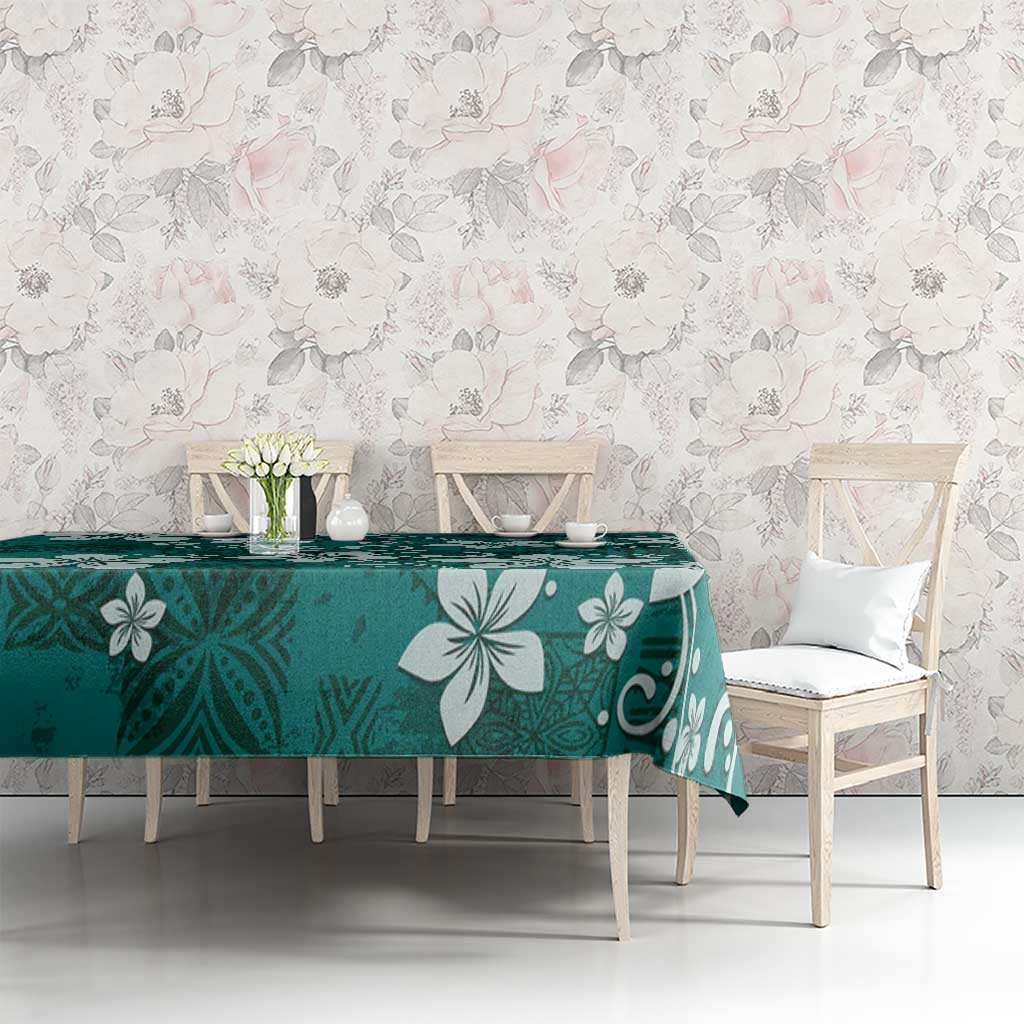 Plumeria Floral Tapa Pattern Crystal Teal Tablecloth LT01 - Polynesian Pride