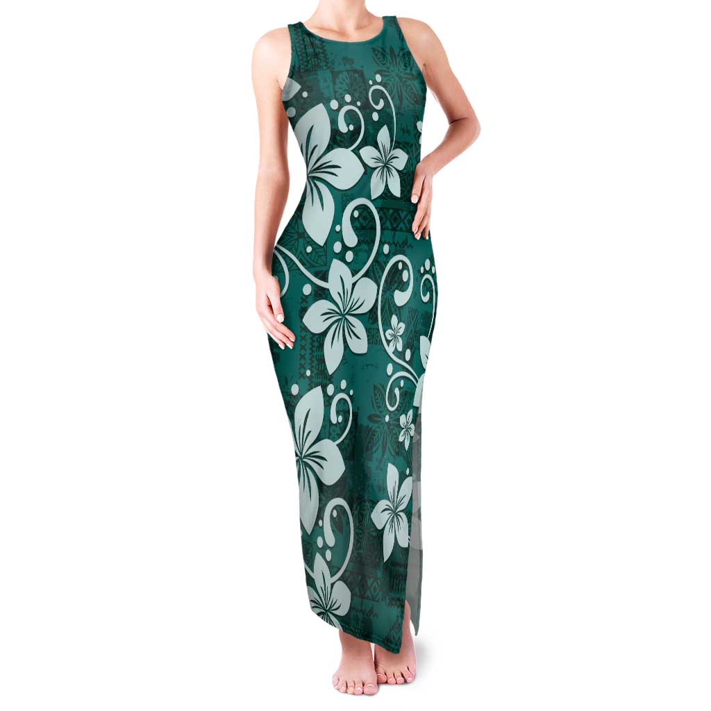 Plumeria Floral Tapa Pattern Crystal Teal Tank Maxi Dress LT01 Women Teal - Polynesian Pride