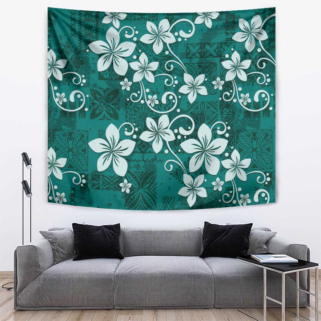 Plumeria Floral Tapa Pattern Crystal Teal Tapestry