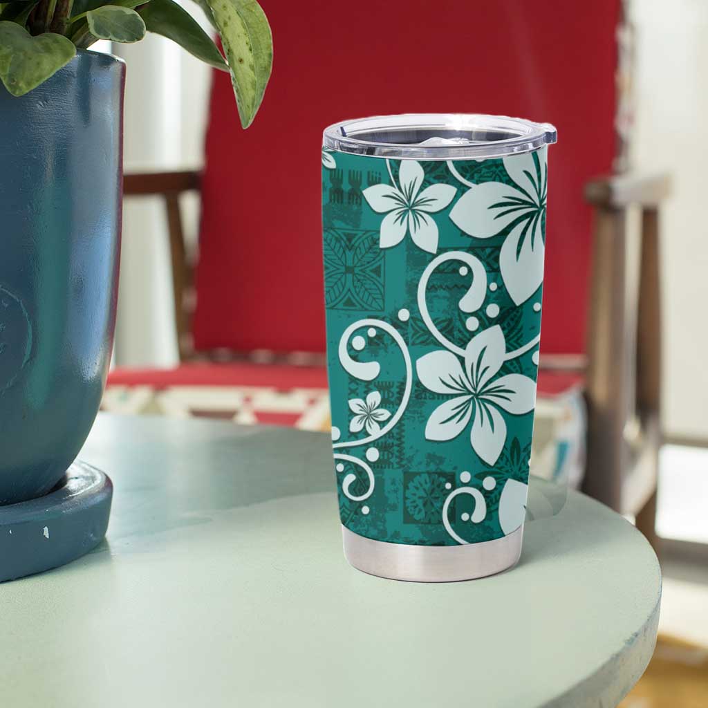 Plumeria Floral Tapa Pattern Crystal Teal Tumbler Cup LT01 - Polynesian Pride