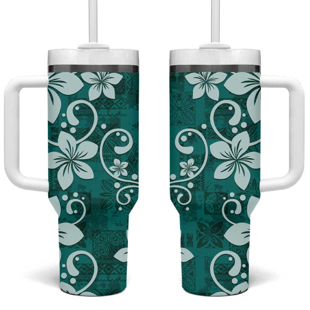 Plumeria Floral Tapa Pattern Crystal Teal Tumbler With Handle