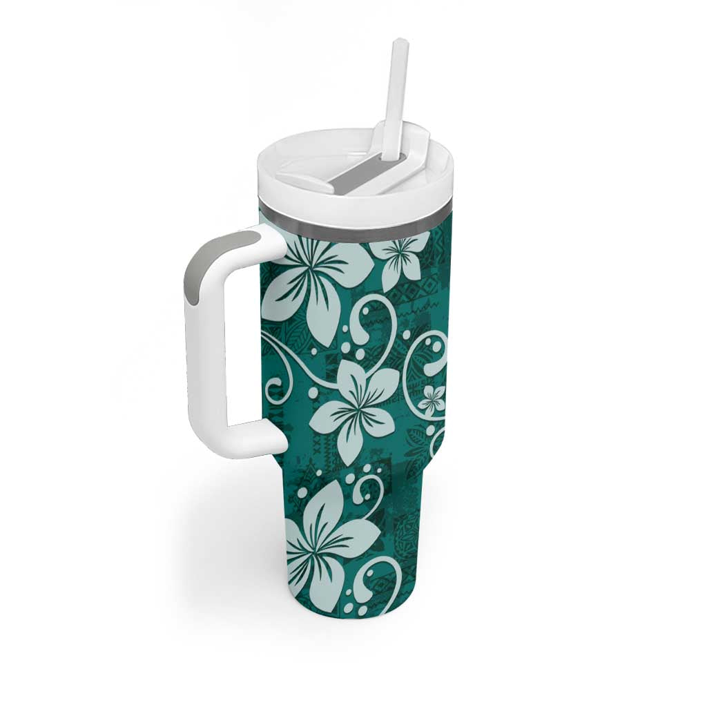 Plumeria Floral Tapa Pattern Crystal Teal Tumbler With Handle LT01 - Polynesian Pride