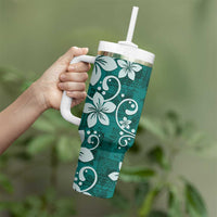 Plumeria Floral Tapa Pattern Crystal Teal Tumbler With Handle LT01 - Polynesian Pride