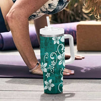 Plumeria Floral Tapa Pattern Crystal Teal Tumbler With Handle LT01 - Polynesian Pride