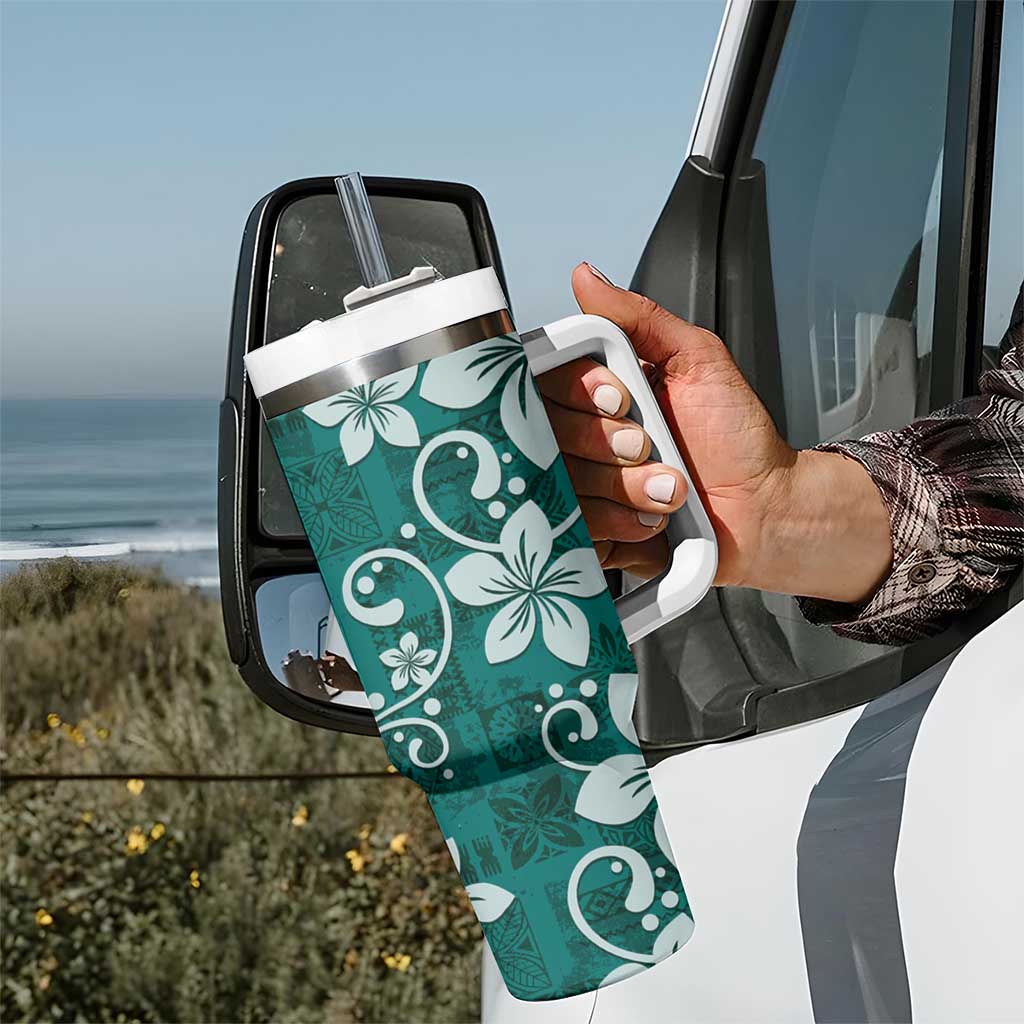 Plumeria Floral Tapa Pattern Crystal Teal Tumbler With Handle LT01 - Polynesian Pride