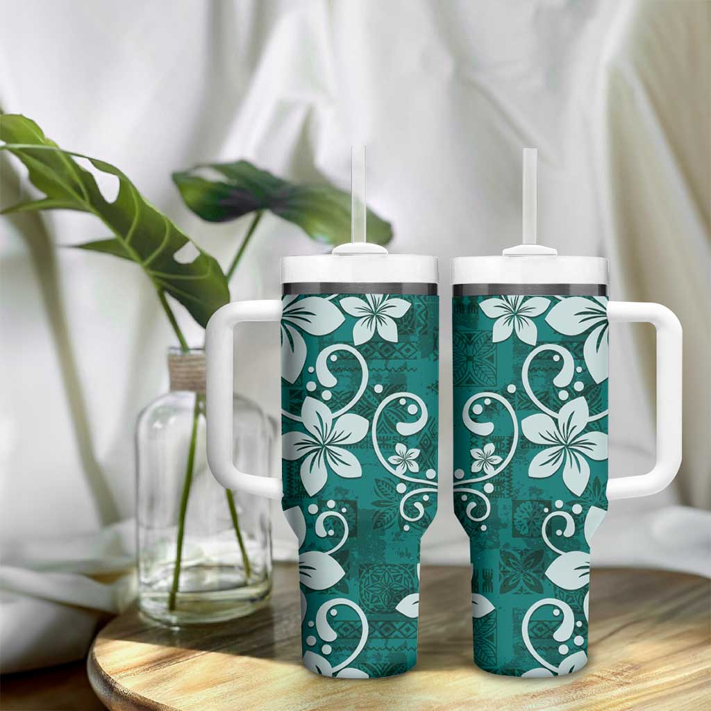 Plumeria Floral Tapa Pattern Crystal Teal Tumbler With Handle LT01 - Polynesian Pride