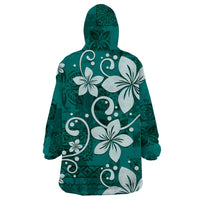 Plumeria Floral Tapa Pattern Crystal Teal Wearable Blanket Hoodie LT01 - Polynesian Pride