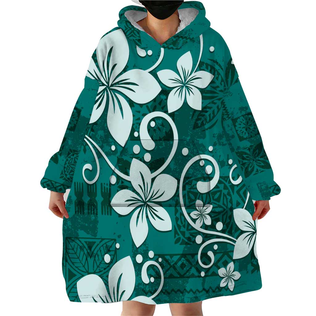 Plumeria Floral Tapa Pattern Crystal Teal Wearable Blanket Hoodie LT01 - Polynesian Pride