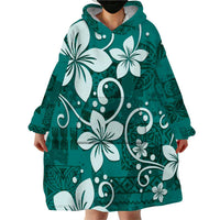 Plumeria Floral Tapa Pattern Crystal Teal Wearable Blanket Hoodie LT01 - Polynesian Pride