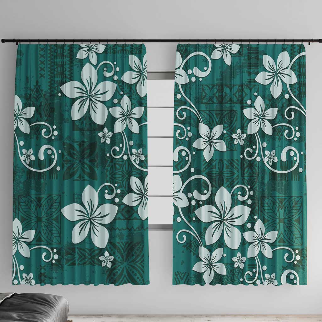 Plumeria Floral Tapa Pattern Crystal Teal Window Curtain LT01 With Hooks Teal - Polynesian Pride