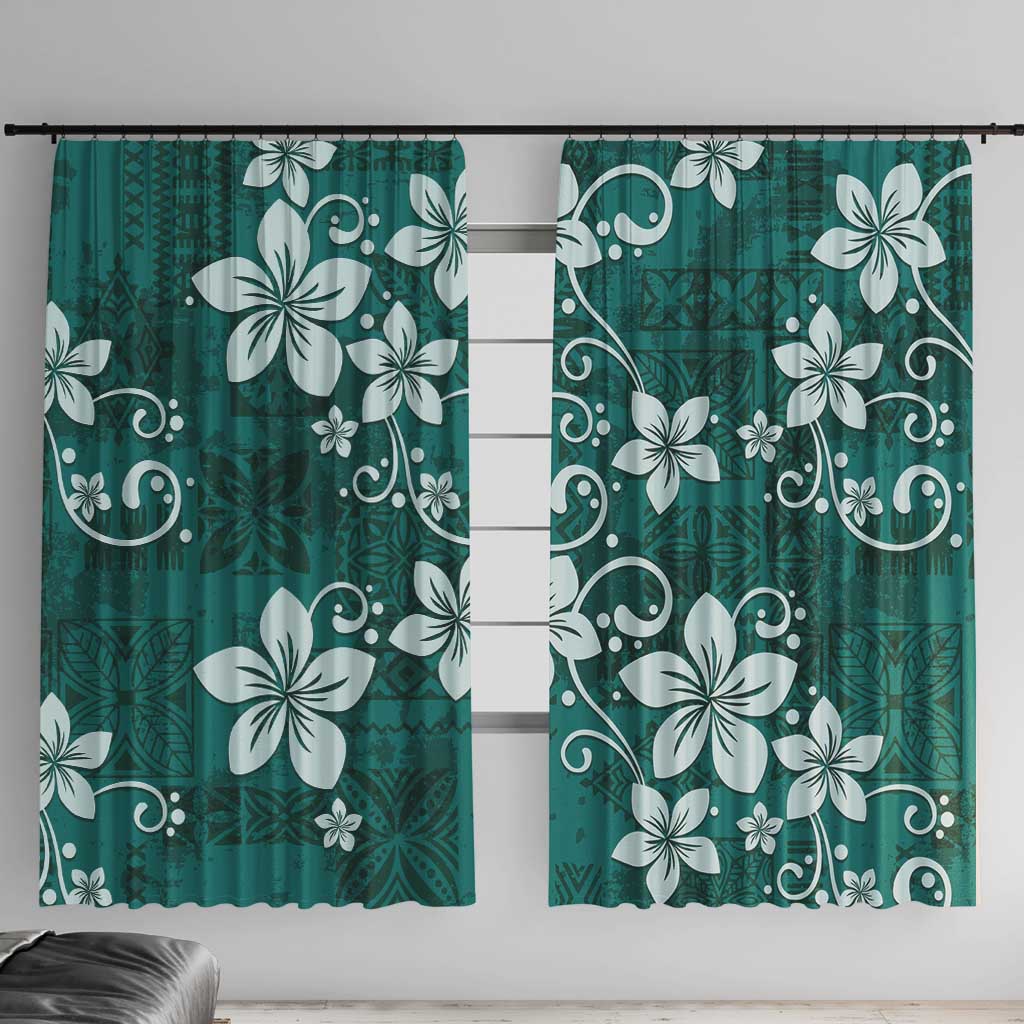 Plumeria Floral Tapa Pattern Crystal Teal Window Curtain