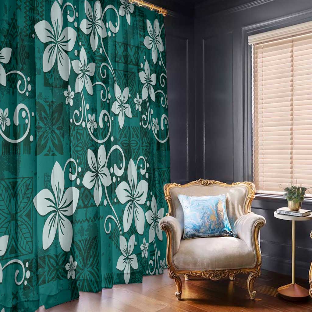 Plumeria Floral Tapa Pattern Crystal Teal Window Curtain LT01 - Polynesian Pride