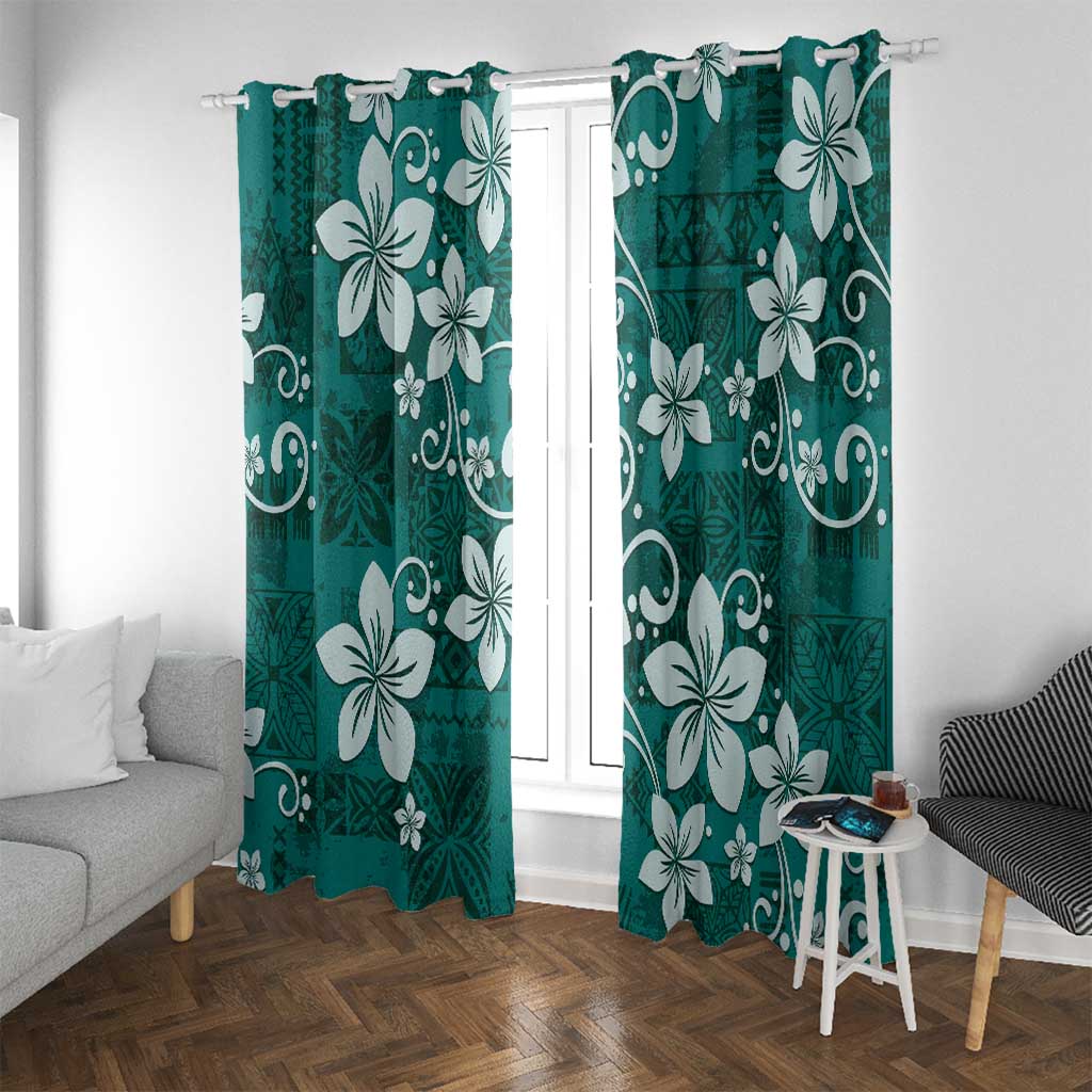 Plumeria Floral Tapa Pattern Crystal Teal Window Curtain LT01 With Grommets Teal - Polynesian Pride