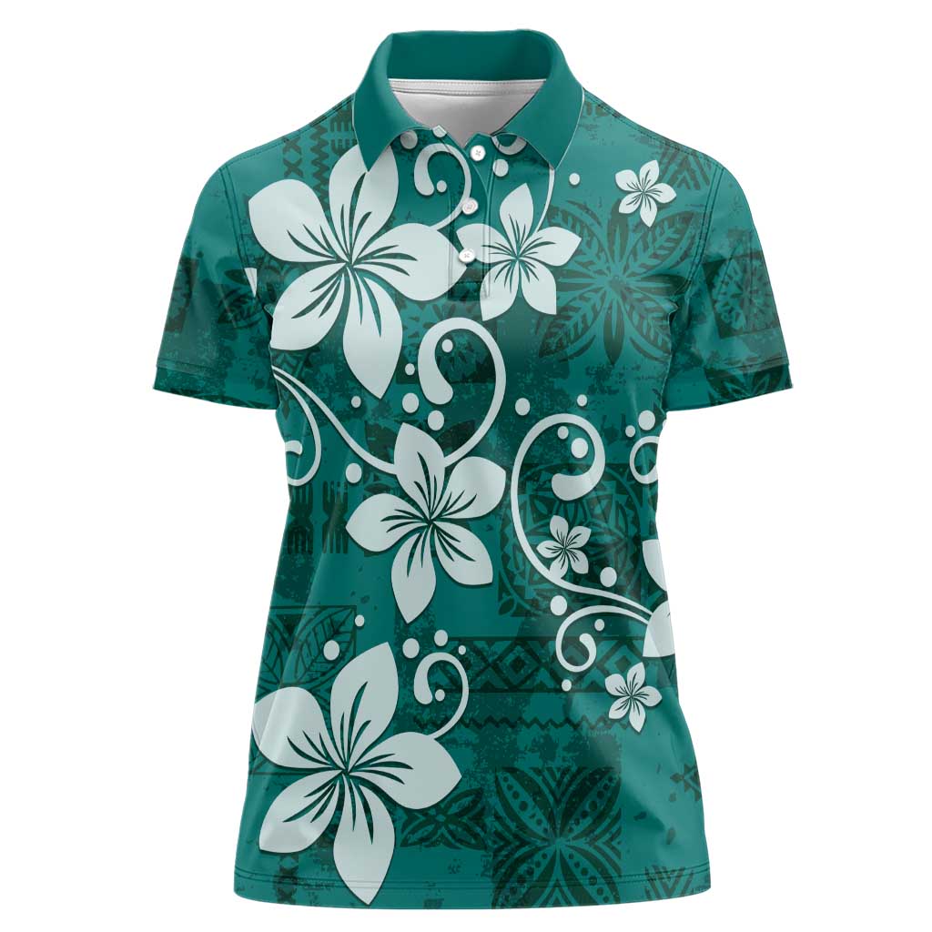 Plumeria Floral Tapa Pattern Crystal Teal Women Polo Shirt