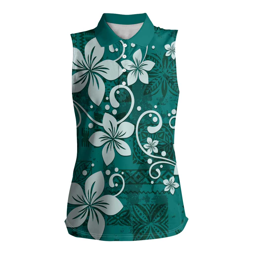 Plumeria Floral Tapa Pattern Crystal Teal Women Sleeveless Polo Shirt