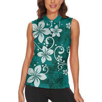Plumeria Floral Tapa Pattern Crystal Teal Women Sleeveless Polo Shirt