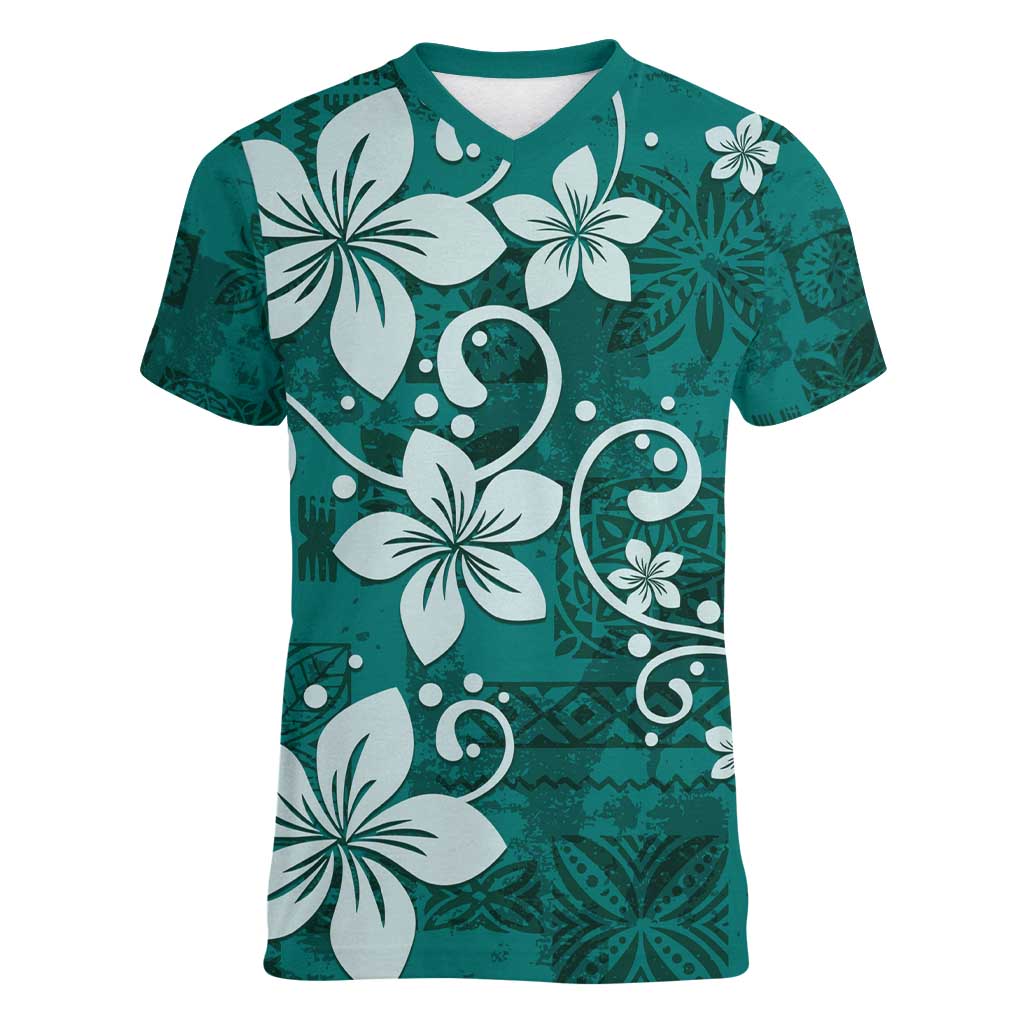 Plumeria Floral Tapa Pattern Crystal Teal Women V-Neck T-Shirt LT01 Female Teal - Polynesian Pride