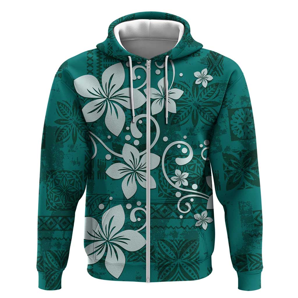 Plumeria Floral Tapa Pattern Crystal Teal Zip Hoodie