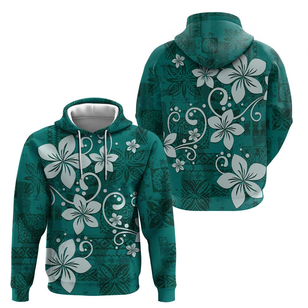 Plumeria Floral Tapa Pattern Crystal Teal Zip Hoodie