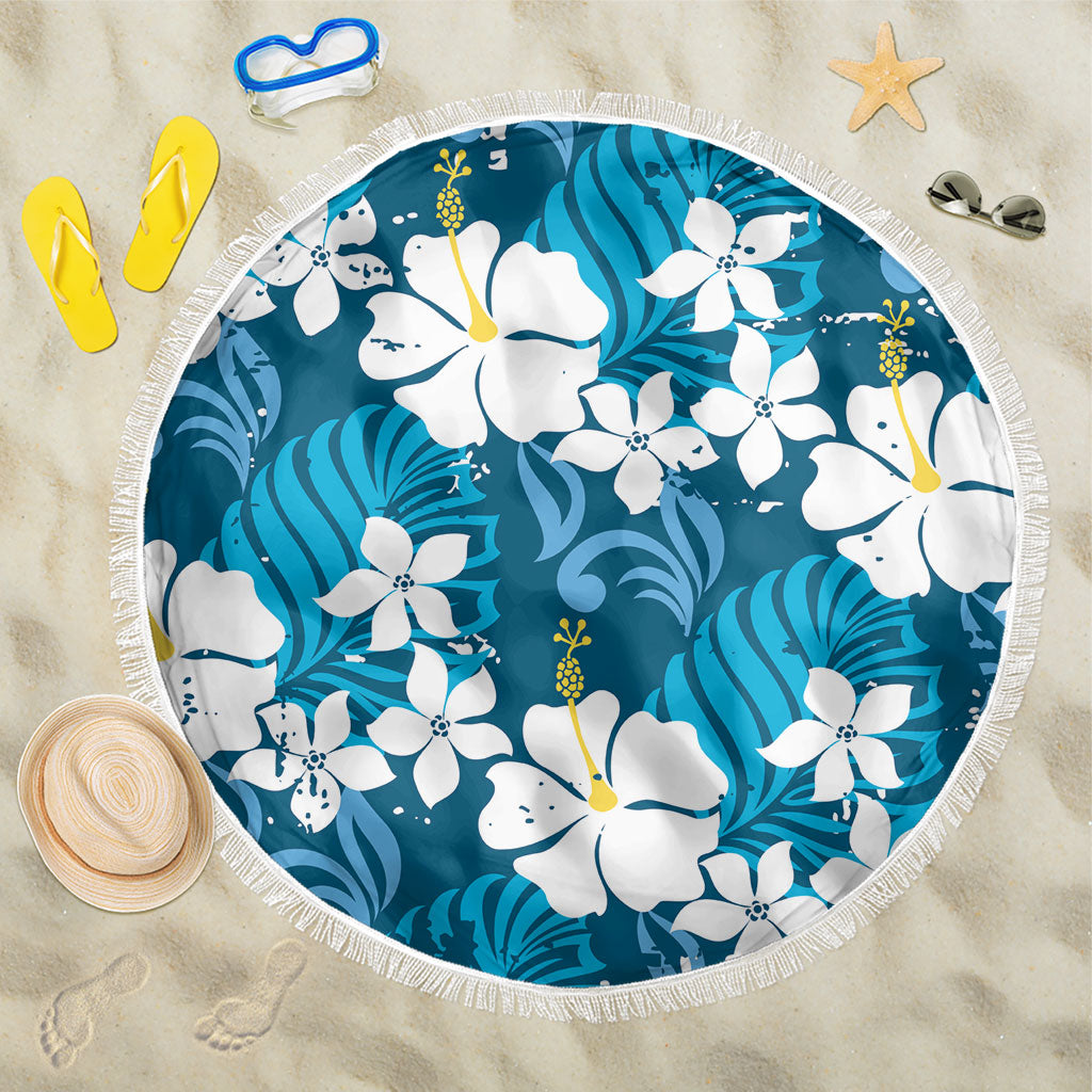 Blue Hawaiian Hibiscus Monstera Beach Blanket Grunge Stylized
