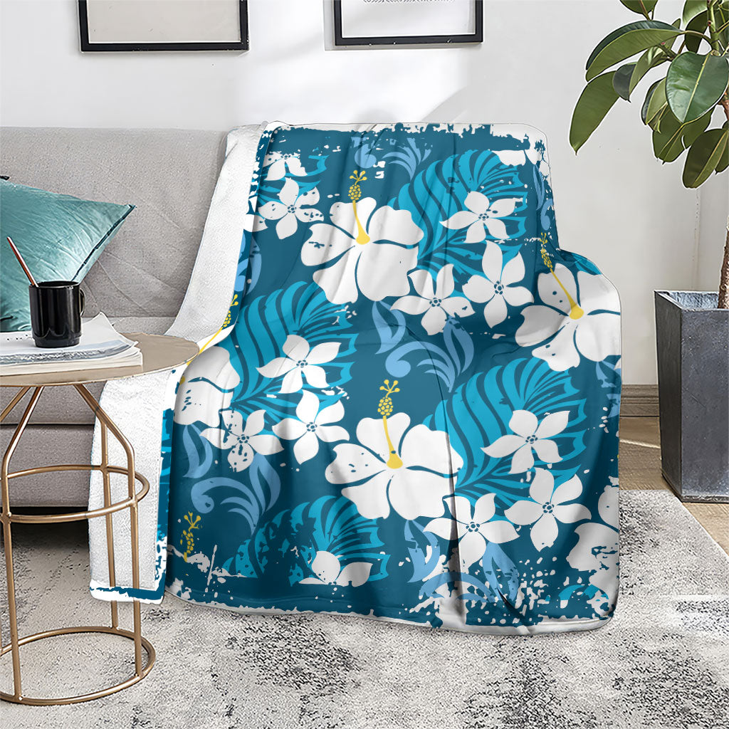 Blue Hawaiian Hibiscus Monstera Blanket Grunge Stylized LT01 - Polynesian Pride