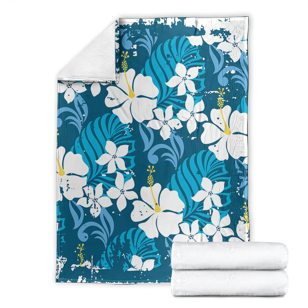 Blue Hawaiian Hibiscus Monstera Blanket Grunge Stylized LT01 - Polynesian Pride