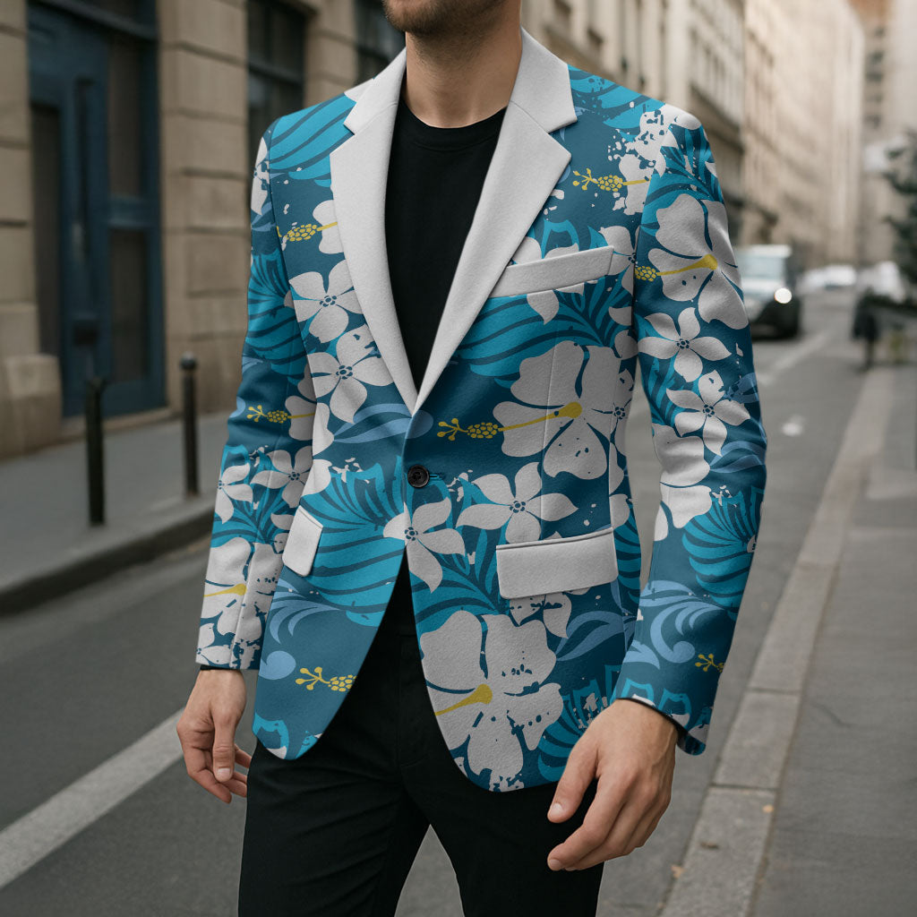 Blue Hawaiian Hibiscus Monstera Blazer Grunge Stylized LT01 - Polynesian Pride