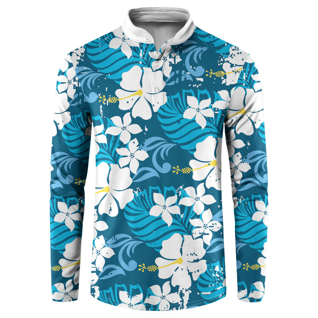 Blue Hawaiian Hibiscus Monstera Button Sweatshirt Grunge Stylized LT01 Blue - Polynesian Pride