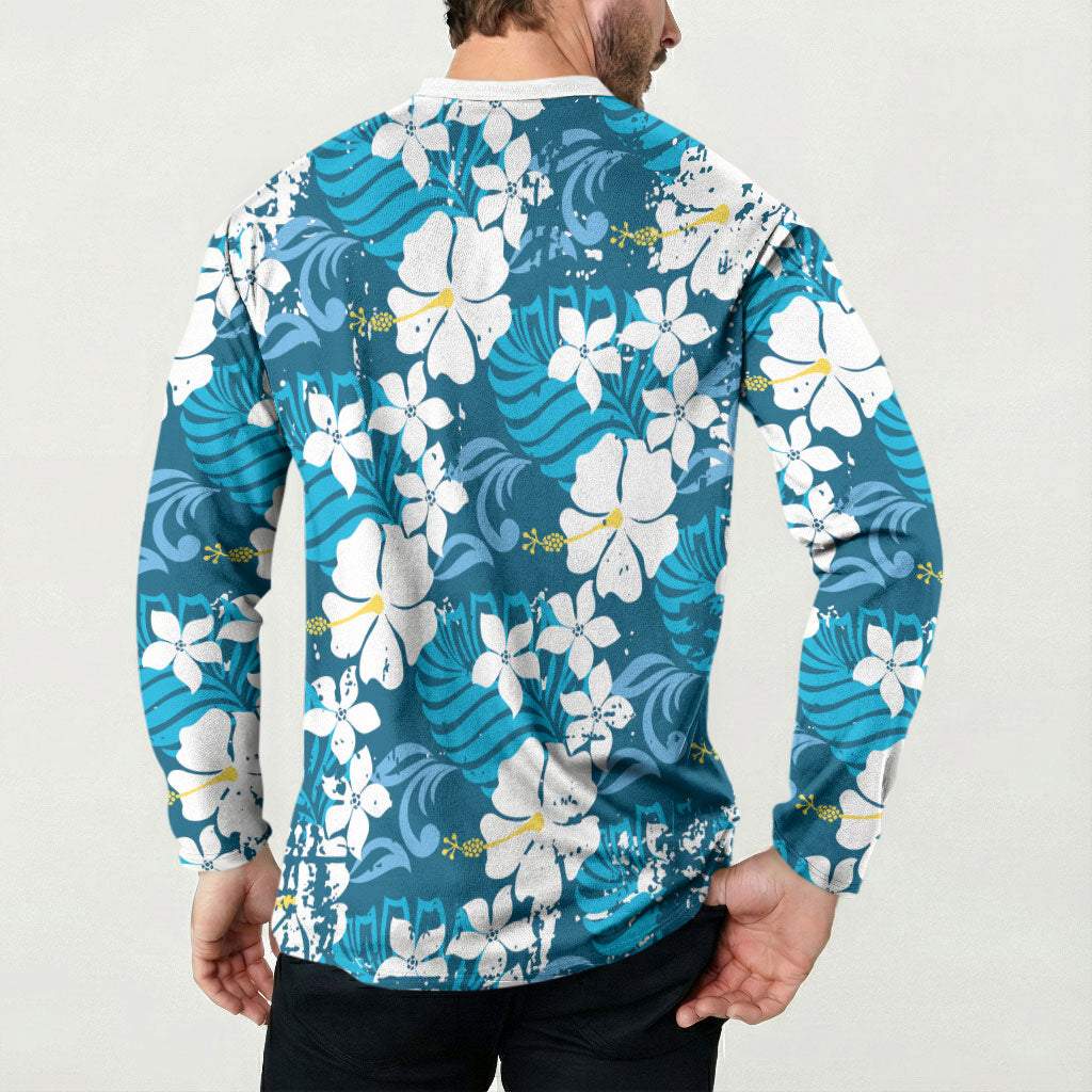 Blue Hawaiian Hibiscus Monstera Button Sweatshirt Grunge Stylized LT01 - Polynesian Pride