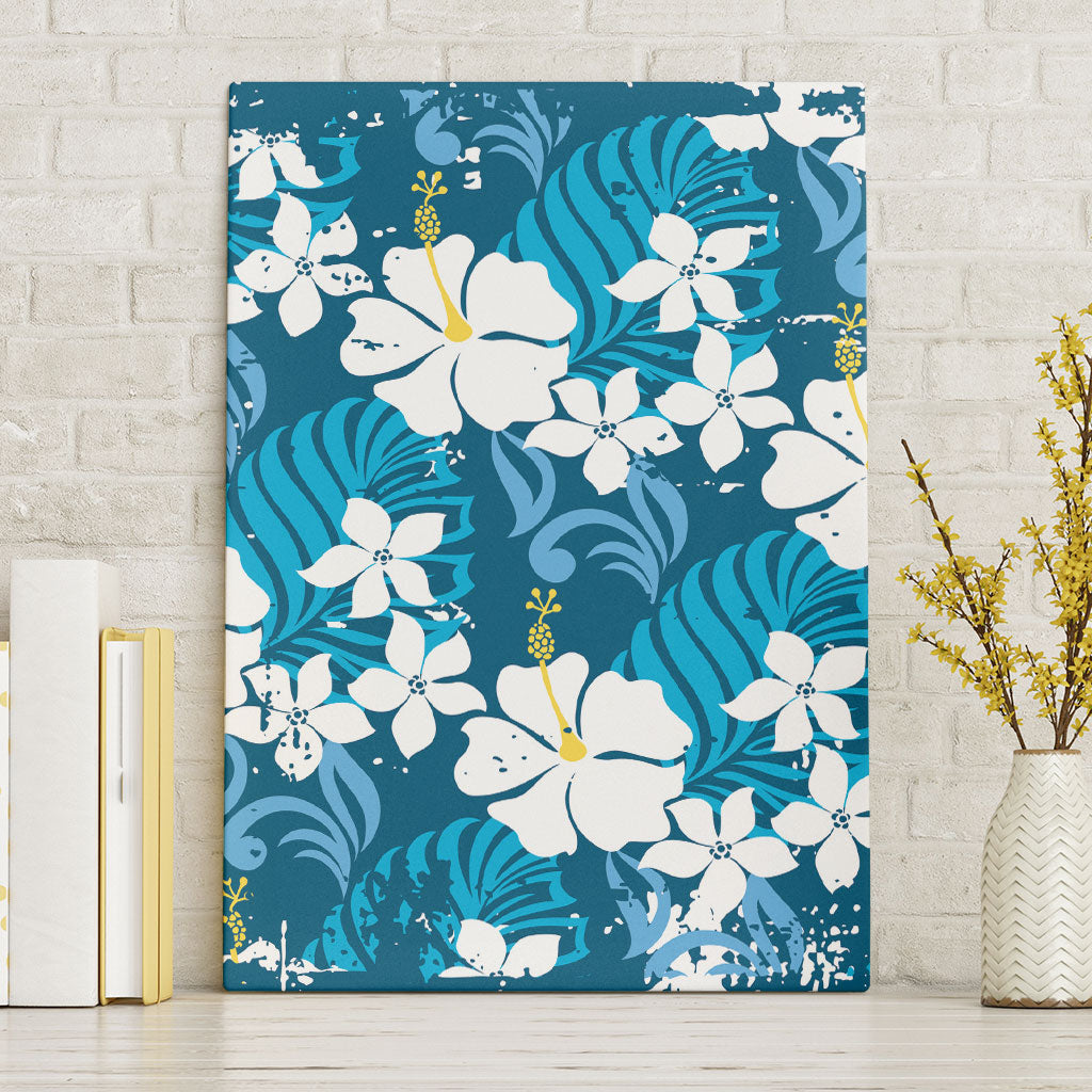 Blue Hawaiian Hibiscus Monstera Canvas Wall Art Grunge Stylized LT01 Without Frame Blue - Polynesian Pride