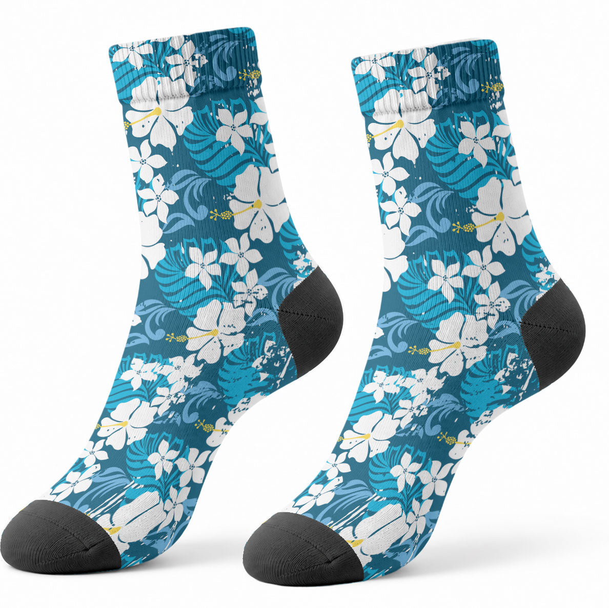 Blue Hawaiian Hibiscus Monstera Crew Socks Grunge Stylized LT01 - Polynesian Pride